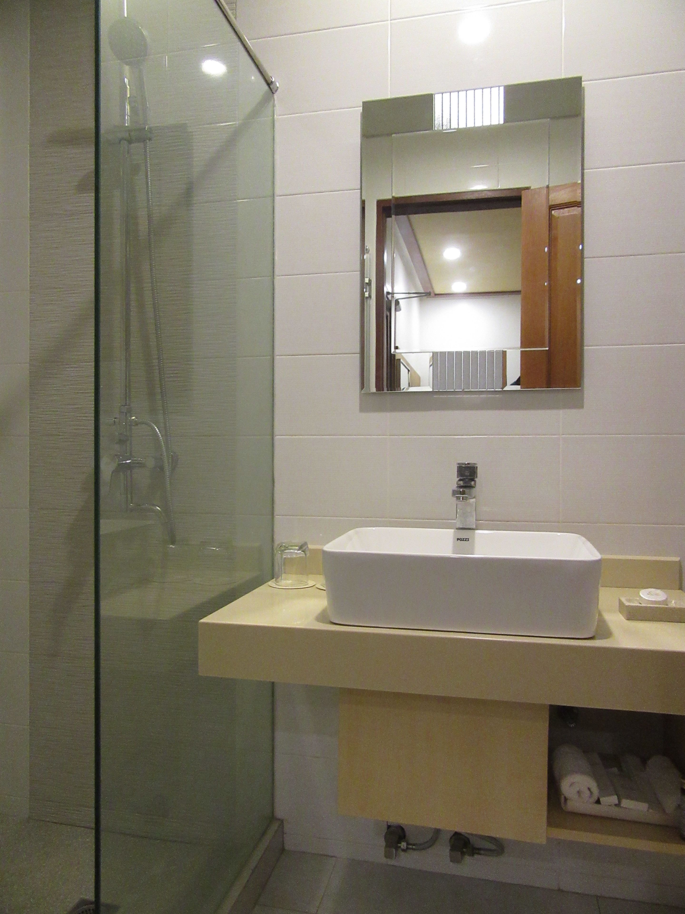 A bathroom with a glass shower enclosure, a white sink, and a mirror above the sink.