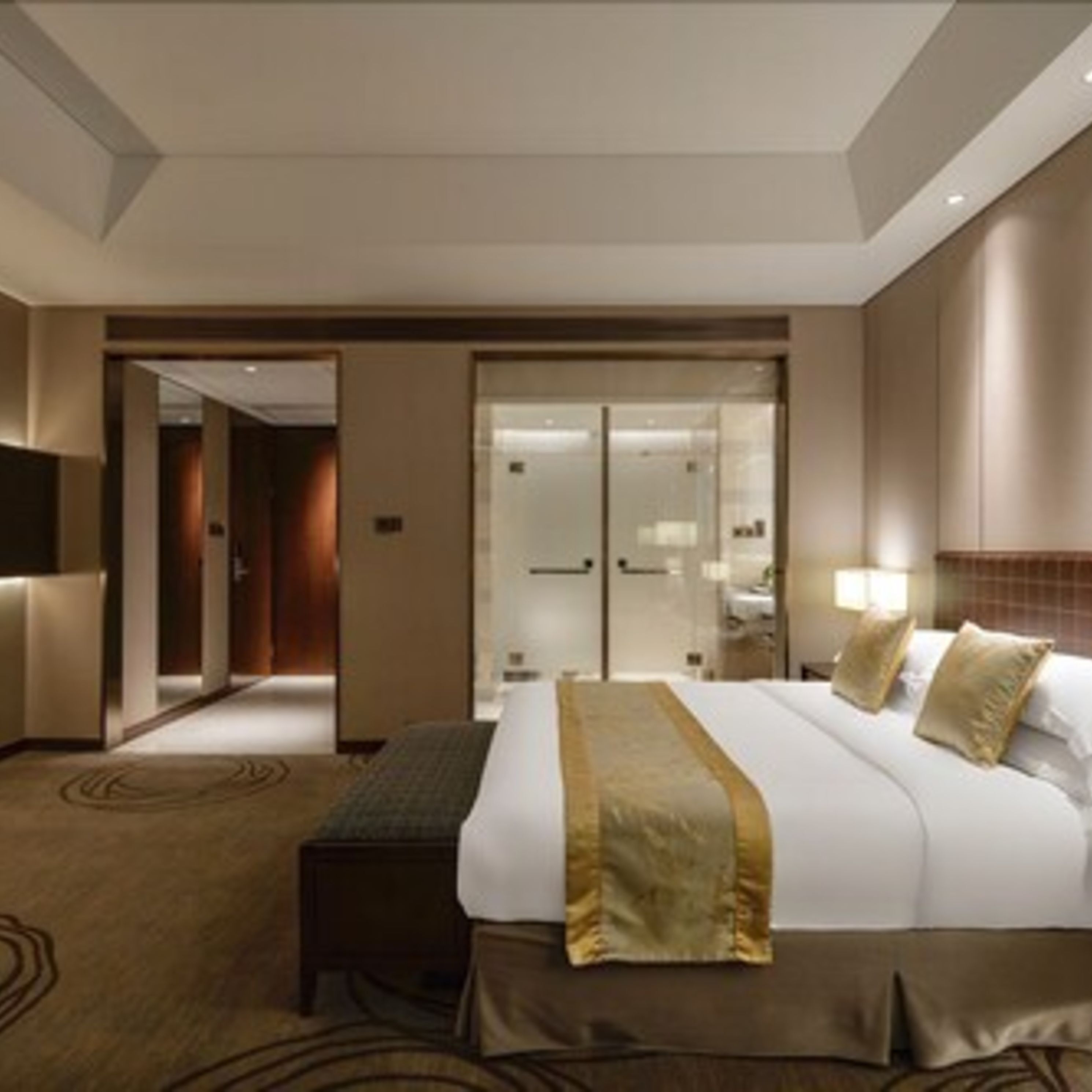 Una camera d'albergo con un letto grande, un comodino, uno specchio e un armadio.