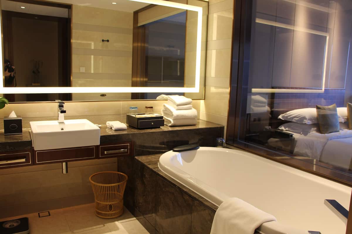 separate bathtub and shower, free toiletries, hair dryer, slippers