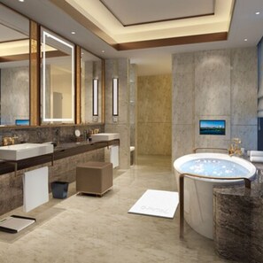 Separate bathtub and shower, free toiletries, hair dryer, slippers