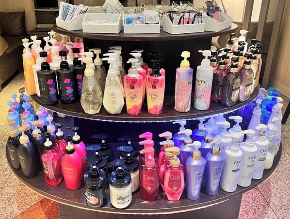 A multi-tiered display of various personal care products.