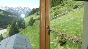 A window with a view of a mountainous landscape, a road, and a grassy field. - Aptos Colells (Bordes d'Envalira)