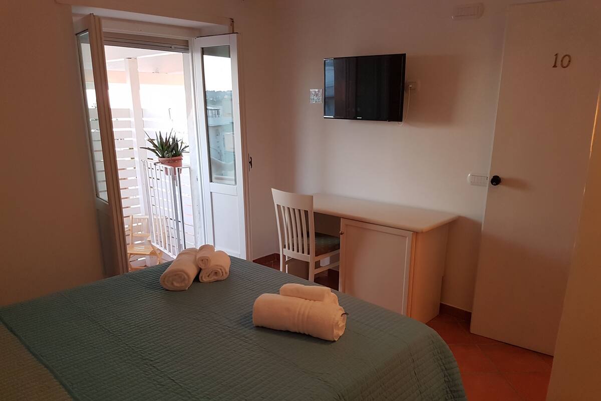 A hotel room with a bed, a desk, a chair, a TV, and a balcony with a plant.