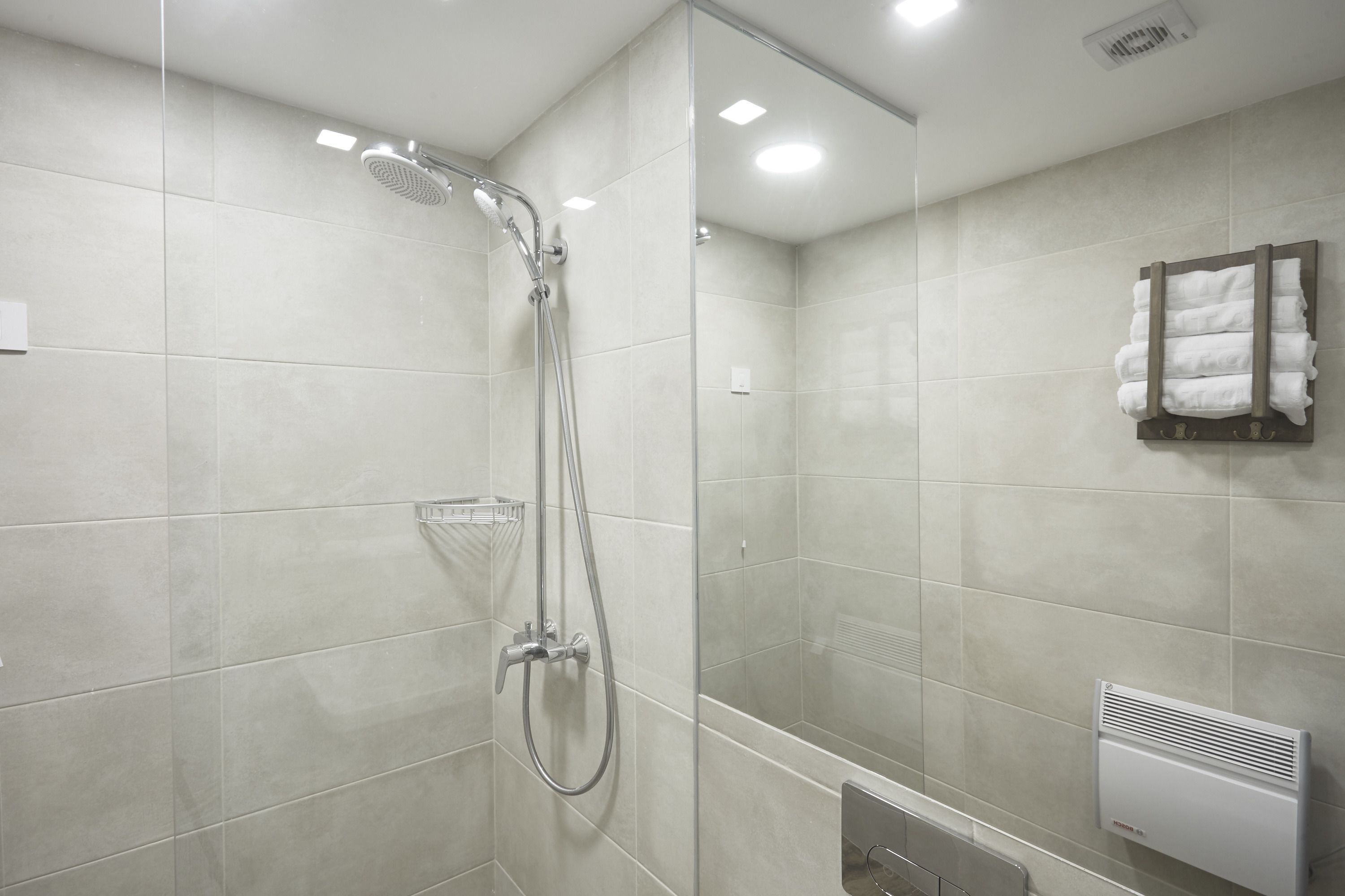 Shower, free toiletries, hair dryer, bathrobes