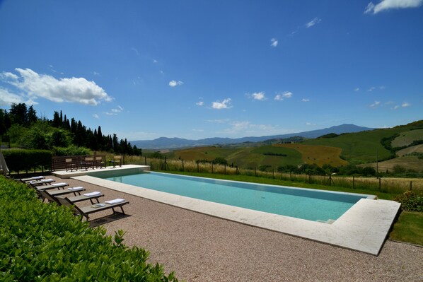 Seasonal outdoor pool, an infinity pool, pool umbrellas, pool loungers