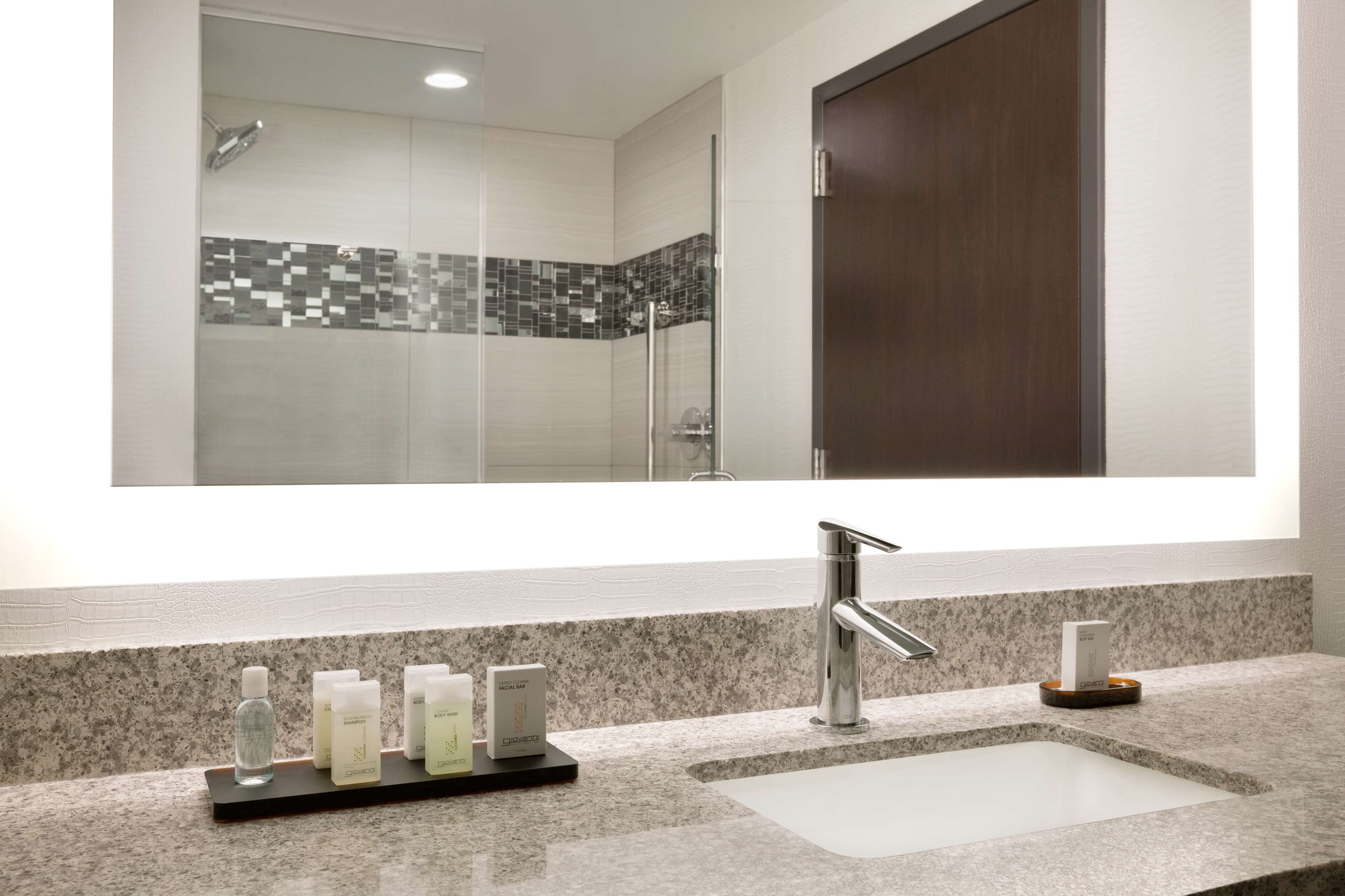 Un baño con encimera de granito, lavabo y espejo que refleja la zona de la ducha.