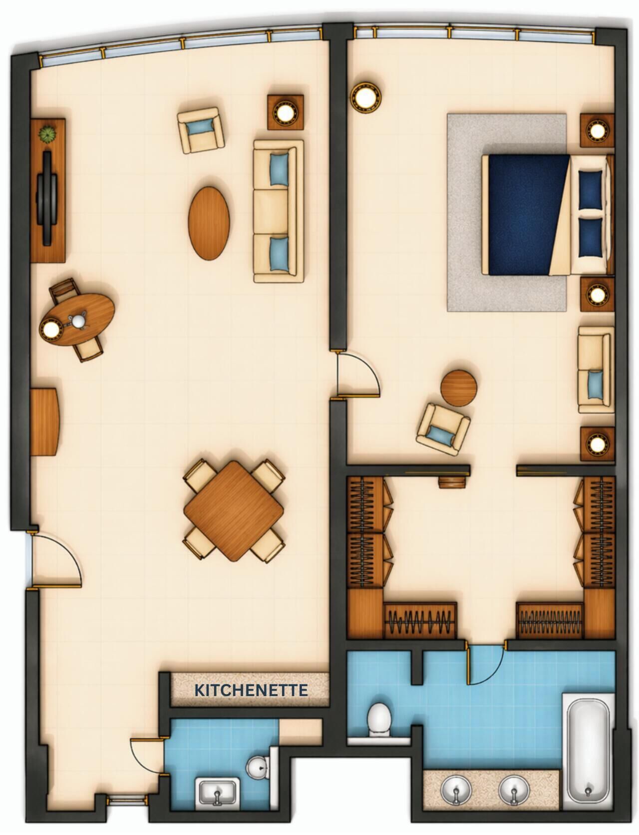 A floor plan of a hotel room with a kitchenette, a bathroom, a living area with a sofa and a dining table, and a small seating area.
