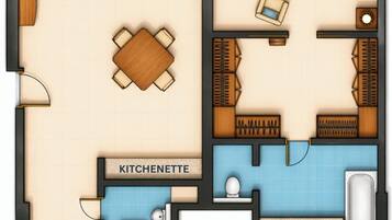 A floor plan of a hotel room with a kitchenette, a bathroom, a living area with a sofa and a dining table, and a small seating area.