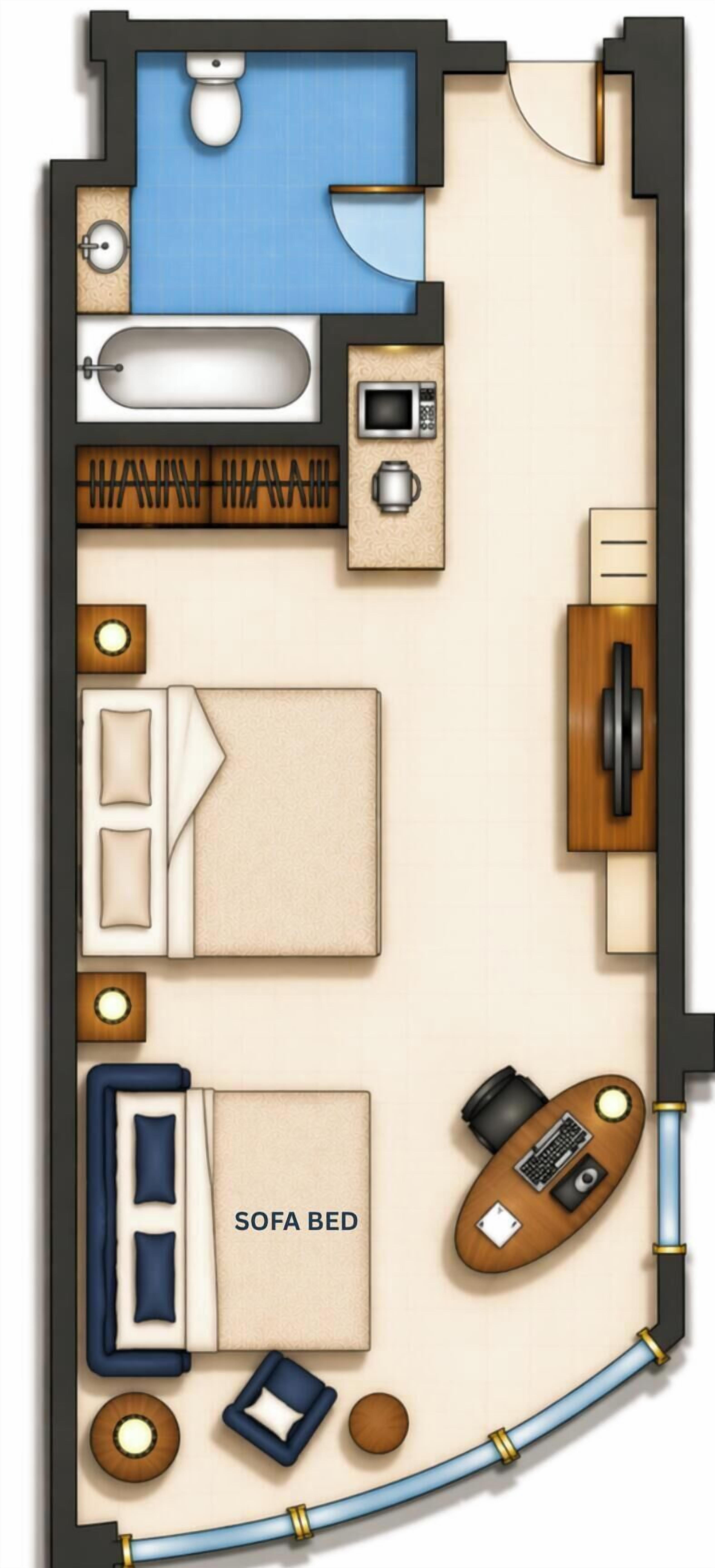 Distribución de una habitación de hotel con baño, sofá cama, escritorio y pequeña cocina.