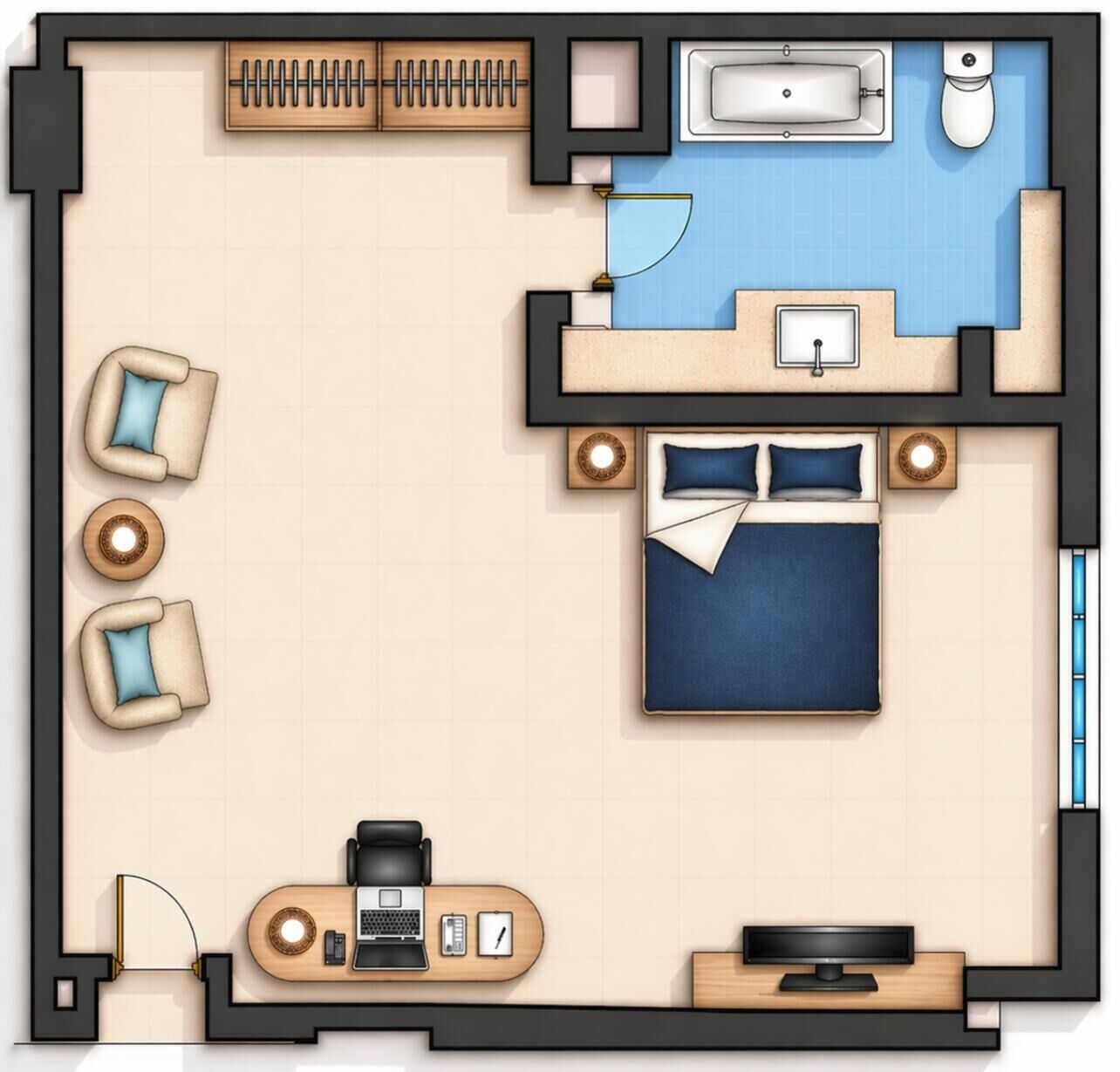 A hotel room with a bed, a desk, a TV, a bathroom with a bathtub and toilet, and a seating area with chairs and a table.