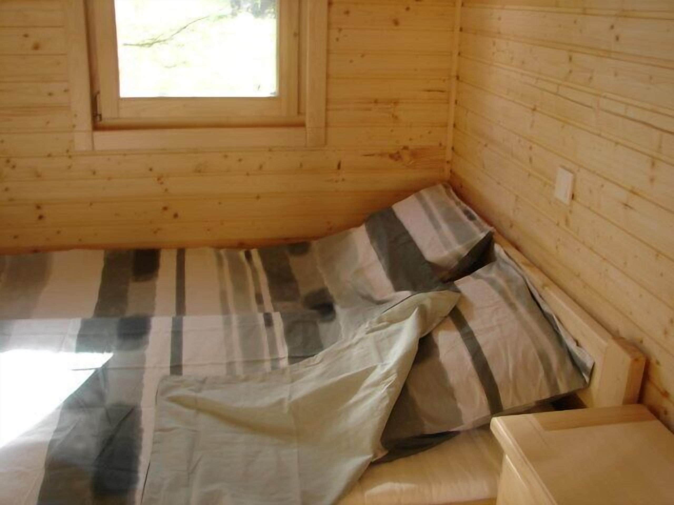 A small, single-bed cabin room with a window, wooden walls, and a striped bedspread.