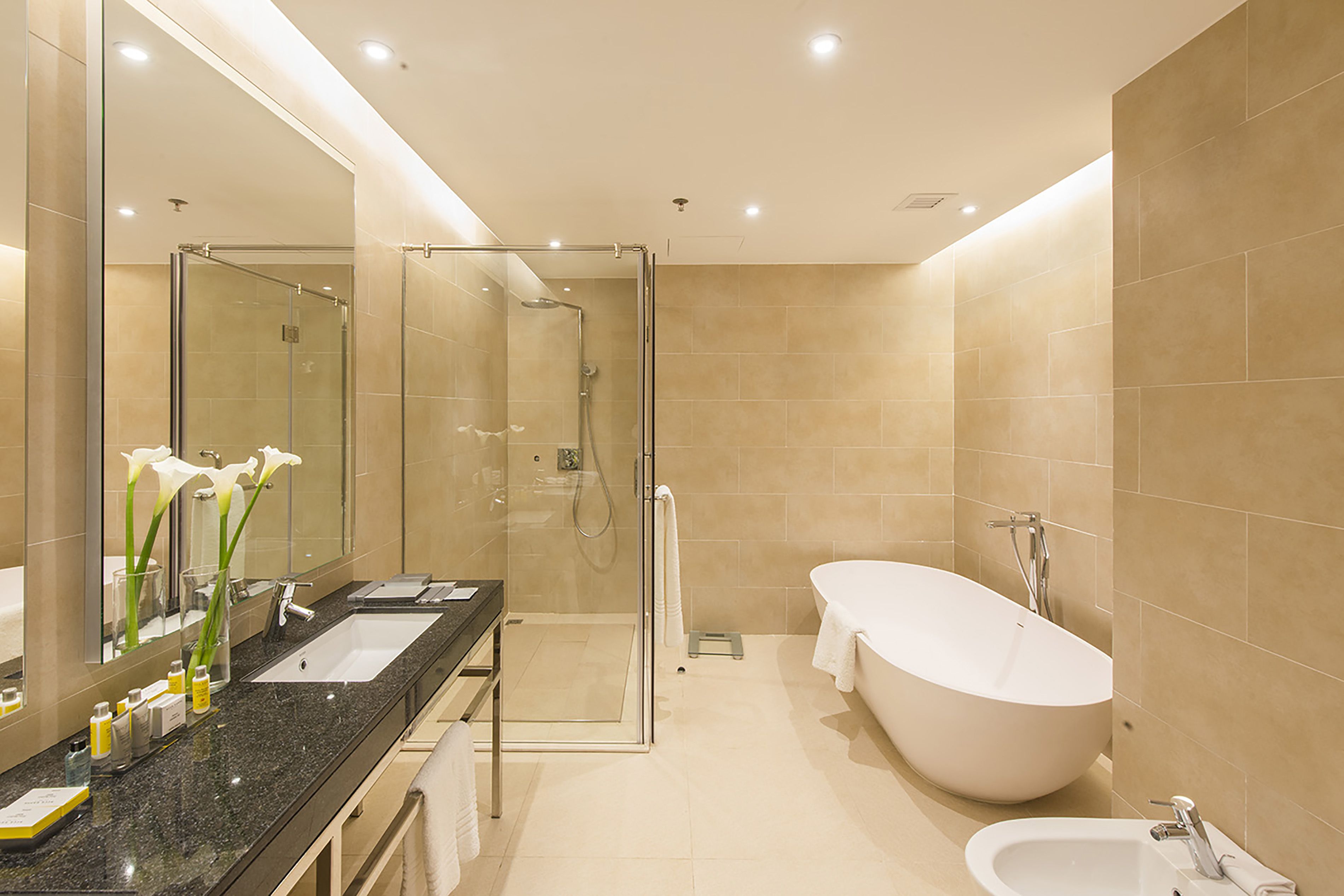 Un baño moderno con ducha acristalada, bañera independiente y un espejo grande sobre el lavabo.