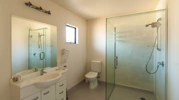 A modern bathroom with a glass-enclosed shower, a large mirror, and a white sink.