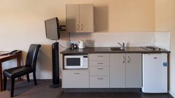 Fridge, microwave, coffee/tea maker, electric kettle