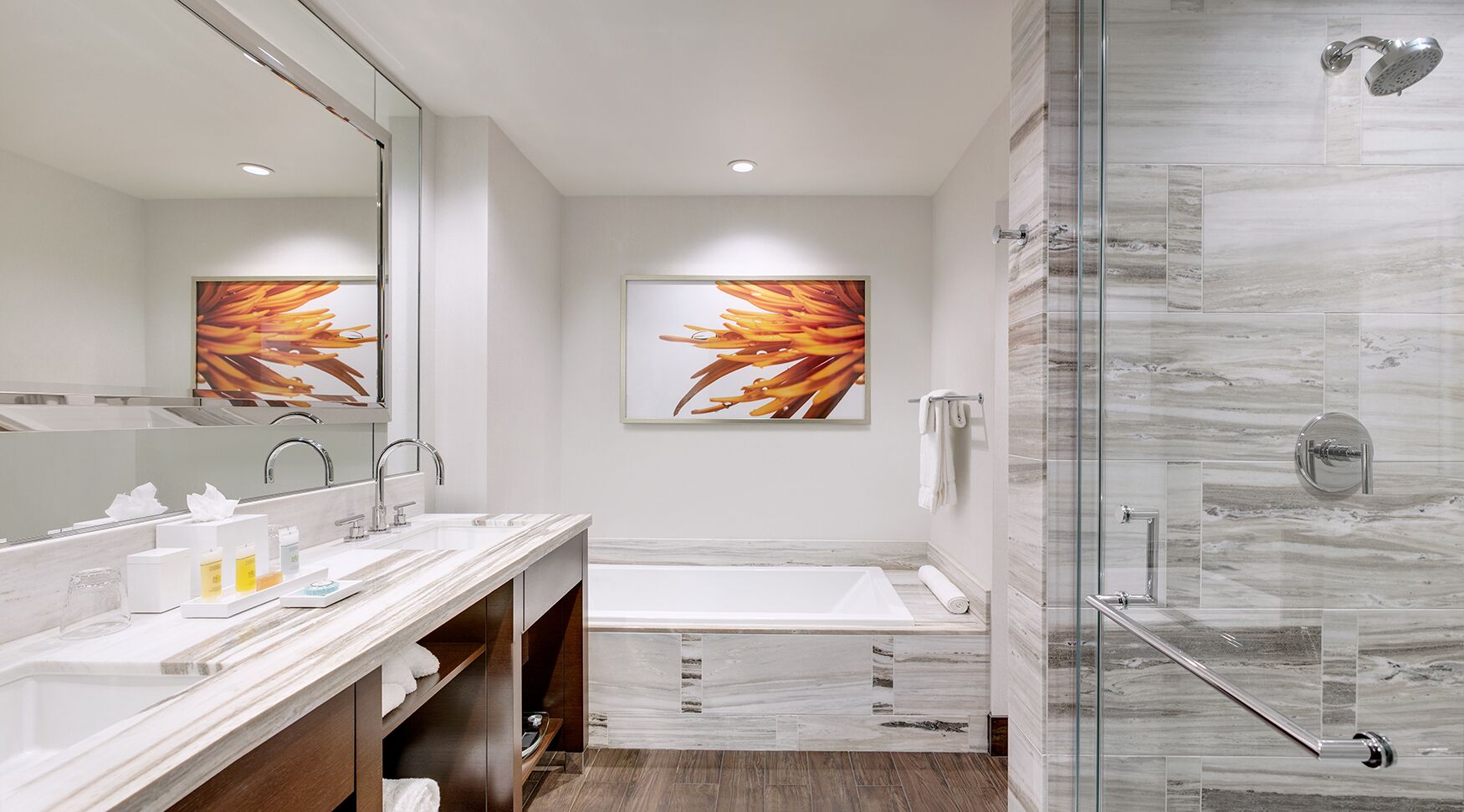 Separate tub and shower, free toiletries, hair dryer, bathrobes