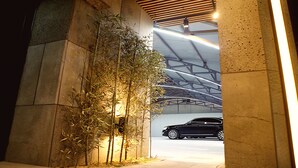 A parking garage with a car, concrete pillars, and bamboo plants. - Jeonju Lime Hotel (Jeonju)