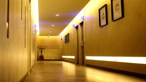 A corridor with a wooden floor, a potted plant, and framed pictures on the walls. - Jeonju Lime Hotel (Jeonju)