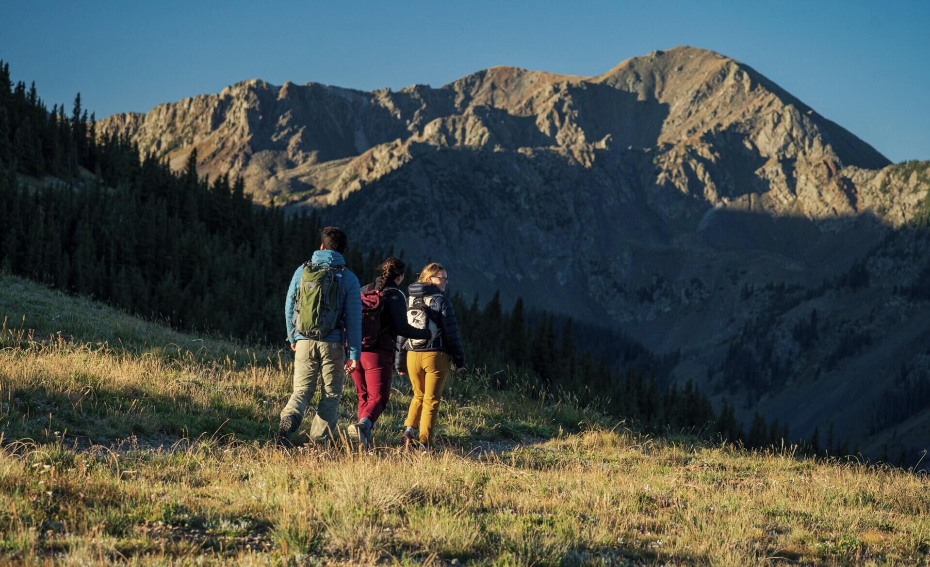 Three people hiking on a grassy trail with a mountainous backdrop.