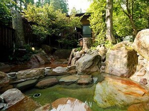 A natural rock garden with a small pond, surrounded by trees and a wooden fence.