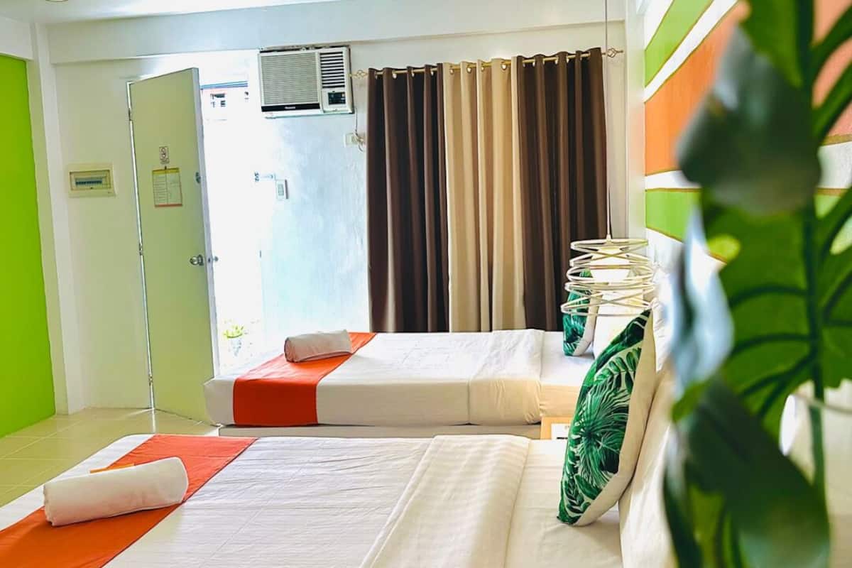 Une chambre d’hôtel avec deux lits, une fenêtre avec des rideaux, un appareil de climatisation et une plante verte.