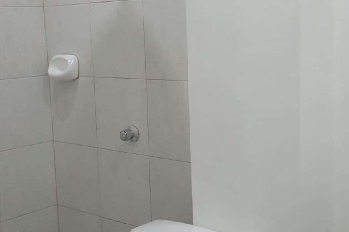 A bathroom with a toilet, a hand soap dispenser, and a flush handle.