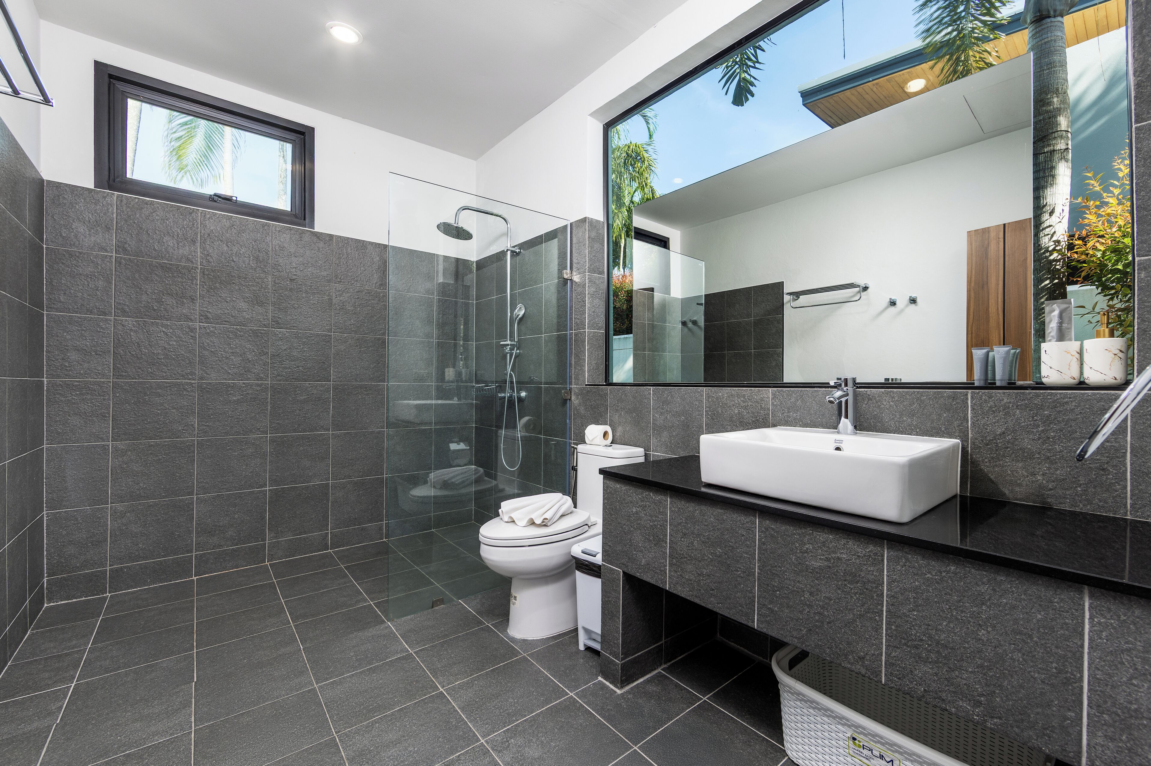 Une salle de bain moderne avec une douche à parois de verre, des toilettes blanches et un grand miroir au-dessus du lavabo.