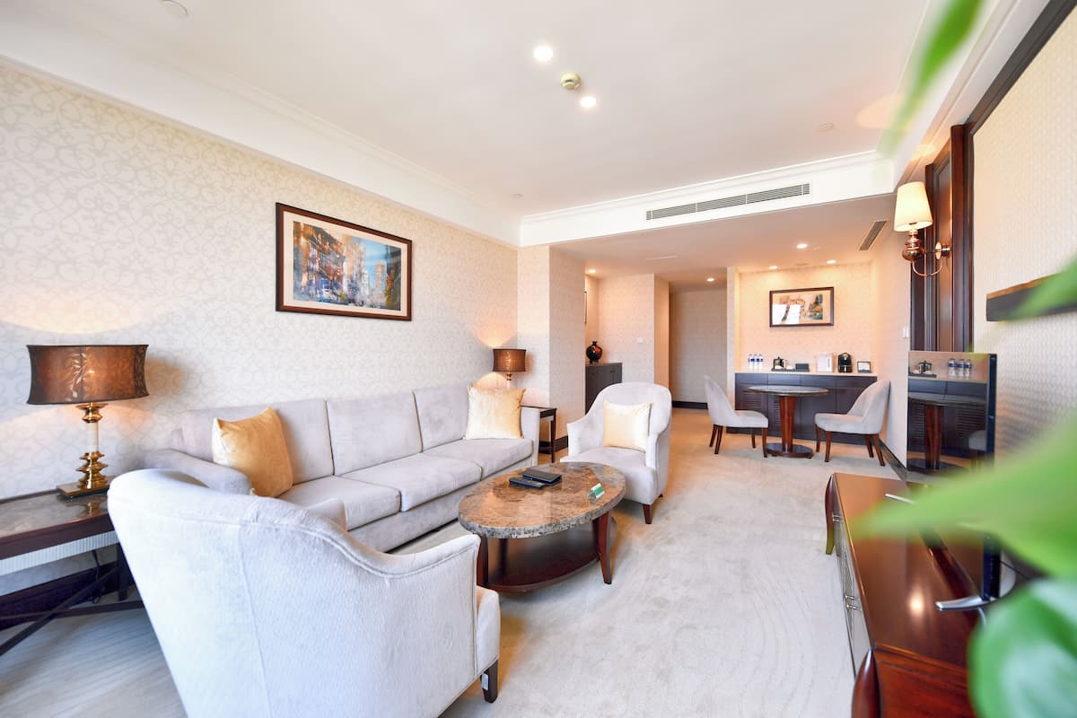 Een moderne woonkamer met een bank, fauteuils, een salontafel en een eethoek met een tafel en stoelen.