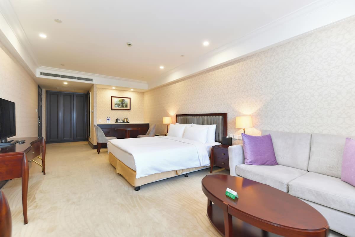 Een hotelkamer met een bed, een bank, een bureau en een televisie.
