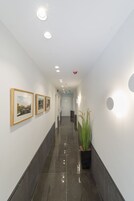 Un pasillo decorado con cuadros en la pared, una planta en maceta e iluminación empotrada.