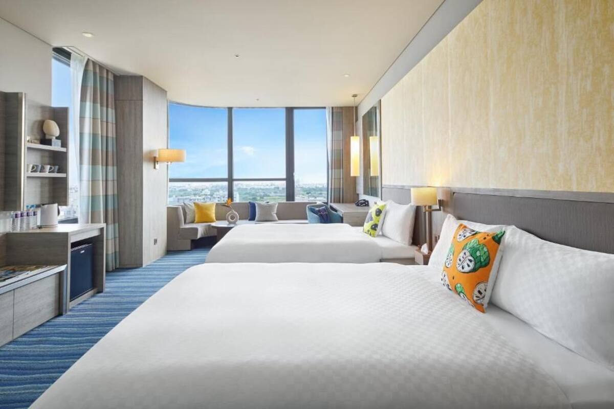 premium bedding, desk, laptop workspace, blackout curtains