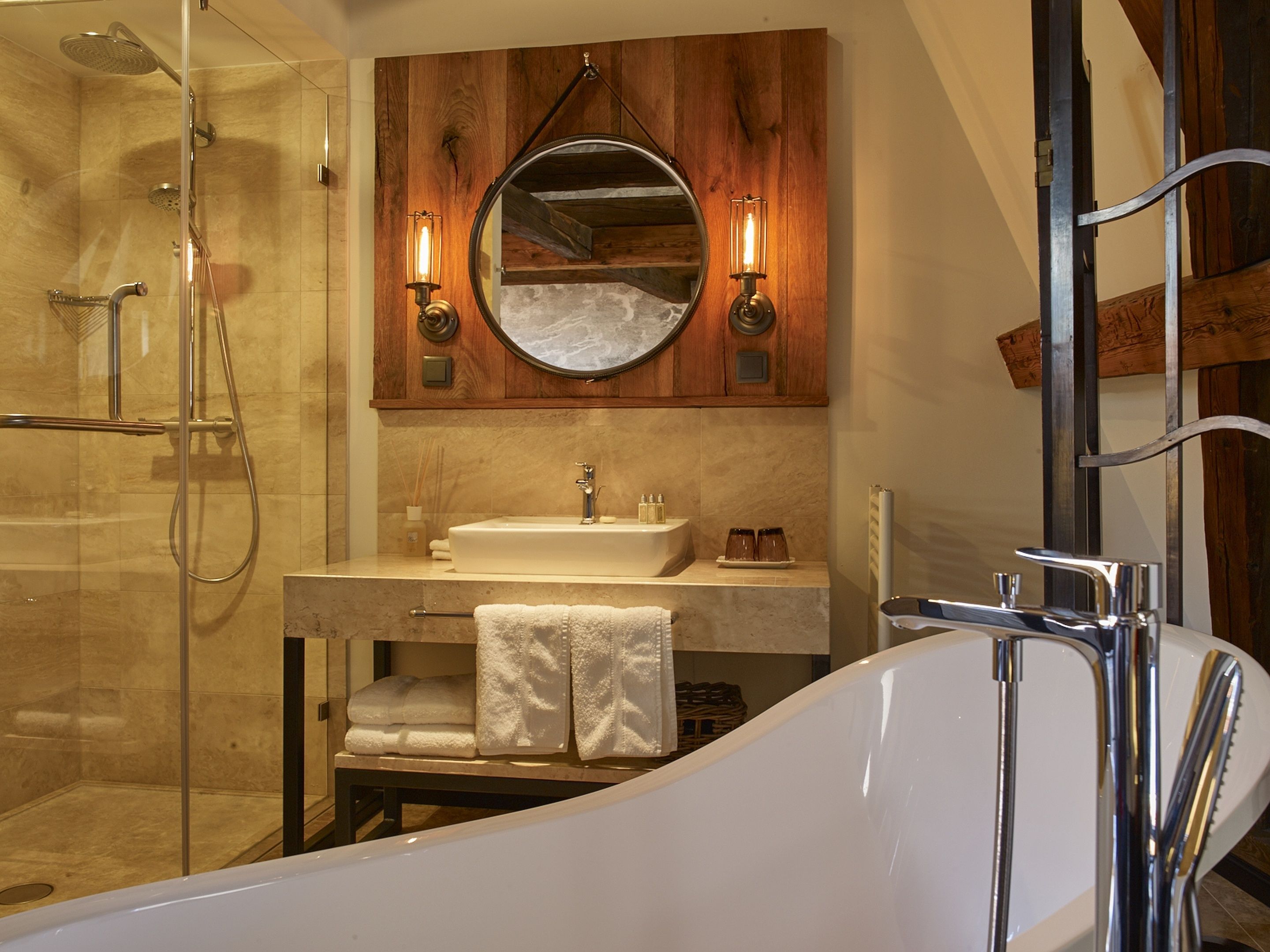 shower, rainfall showerhead, designer toiletries, hair dryer