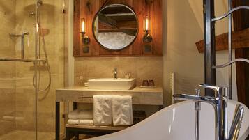Shower, rainfall showerhead, designer toiletries, hair dryer