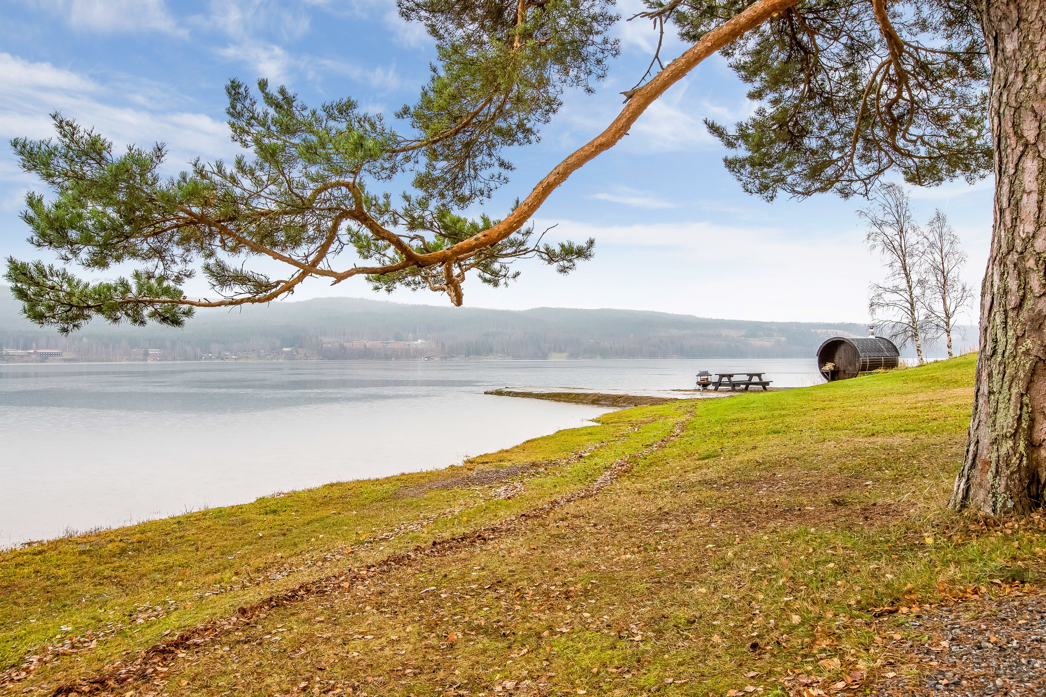 Une vue sur le lac, avec une table de pique-nique et un tonneau, le tout entouré d’herbe et d’arbres.