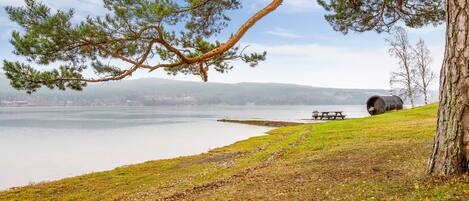 Une vue sur le lac, avec une table de pique-nique et un tonneau, le tout entouré d’herbe et d’arbres.