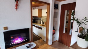 Een woonkamer met een open haard, een keuken achtergrond en een potplant.