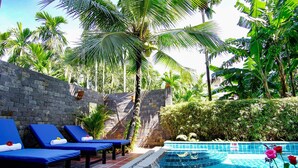 Zona de piscina amb gandules blaves, paret de pedra i vegetació tropical.