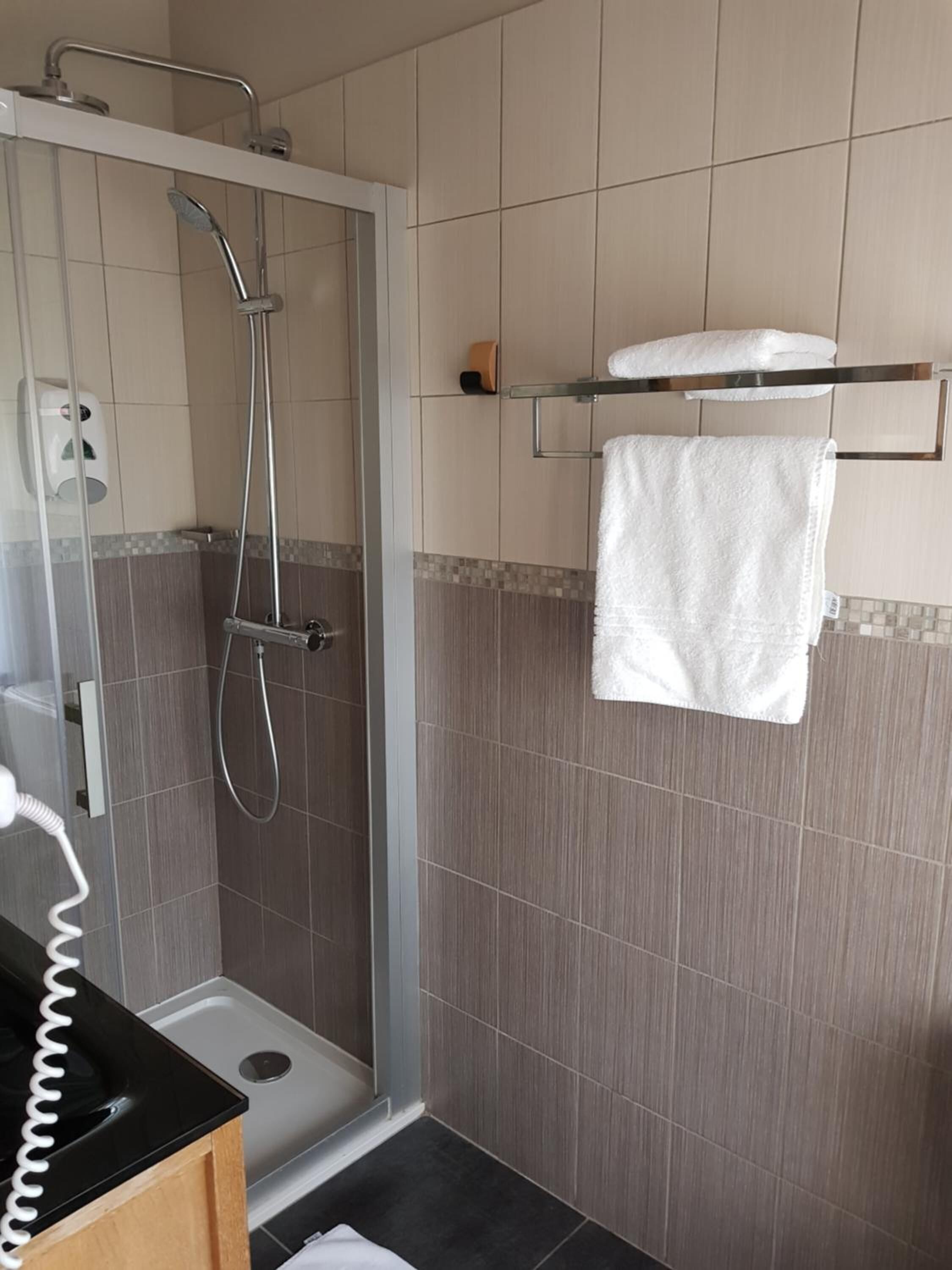 Une douche avec une porte en verre, un porte-serviettes avec une serviette et un distributeur de savon.