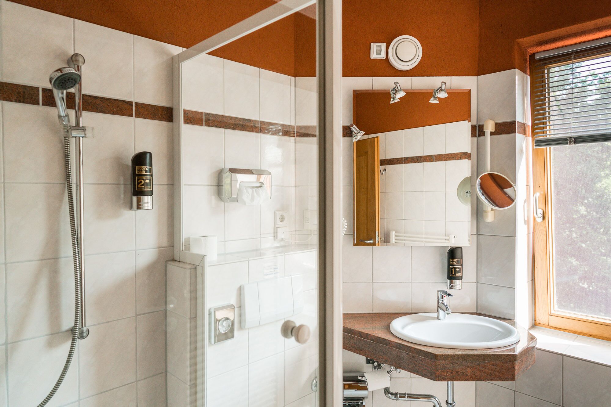 shower, free toiletries, hair dryer, heated floors