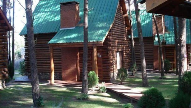 Un hilera de cabañas de madera con techos de metal verde, rodeadas de árboles y un césped cuidado.