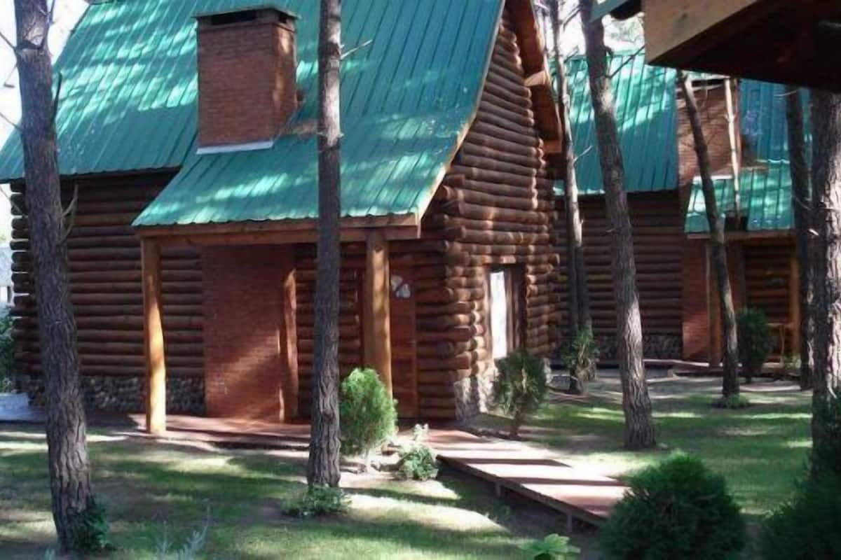 Un hilera de cabañas de madera con techos de metal verde, rodeadas de árboles y un césped cuidado.