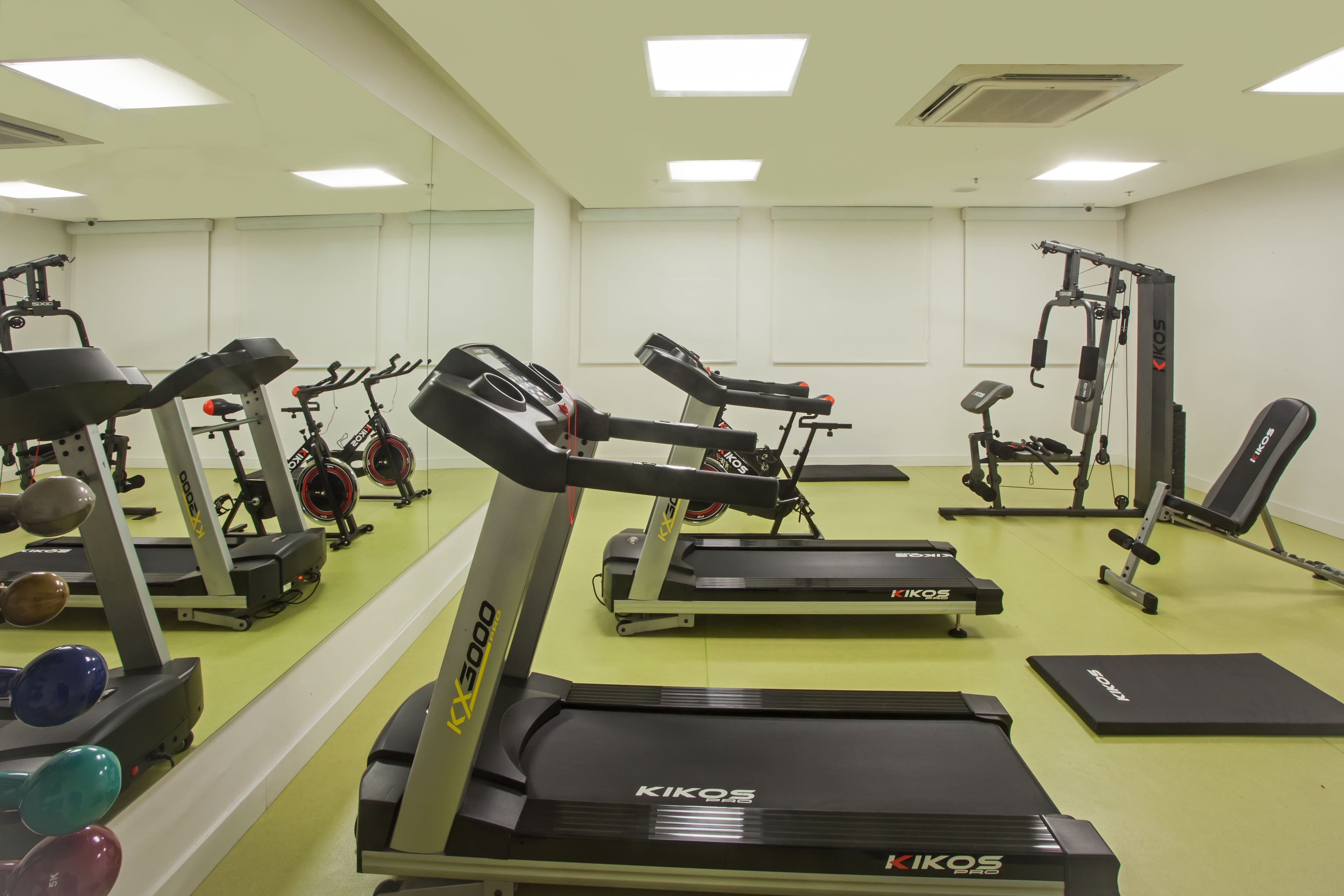 A gym with treadmills, weight machines, and free weights.