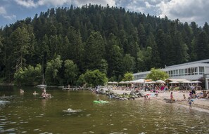 Ein Seehotel mit Strand, Liegestühlen, Sonnenschirmen und bewaldeter Umgebung.