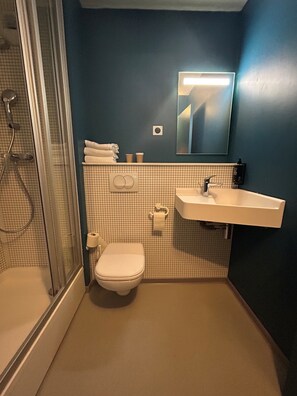 Regadera, amenidades de baño ecológicas, toallas 