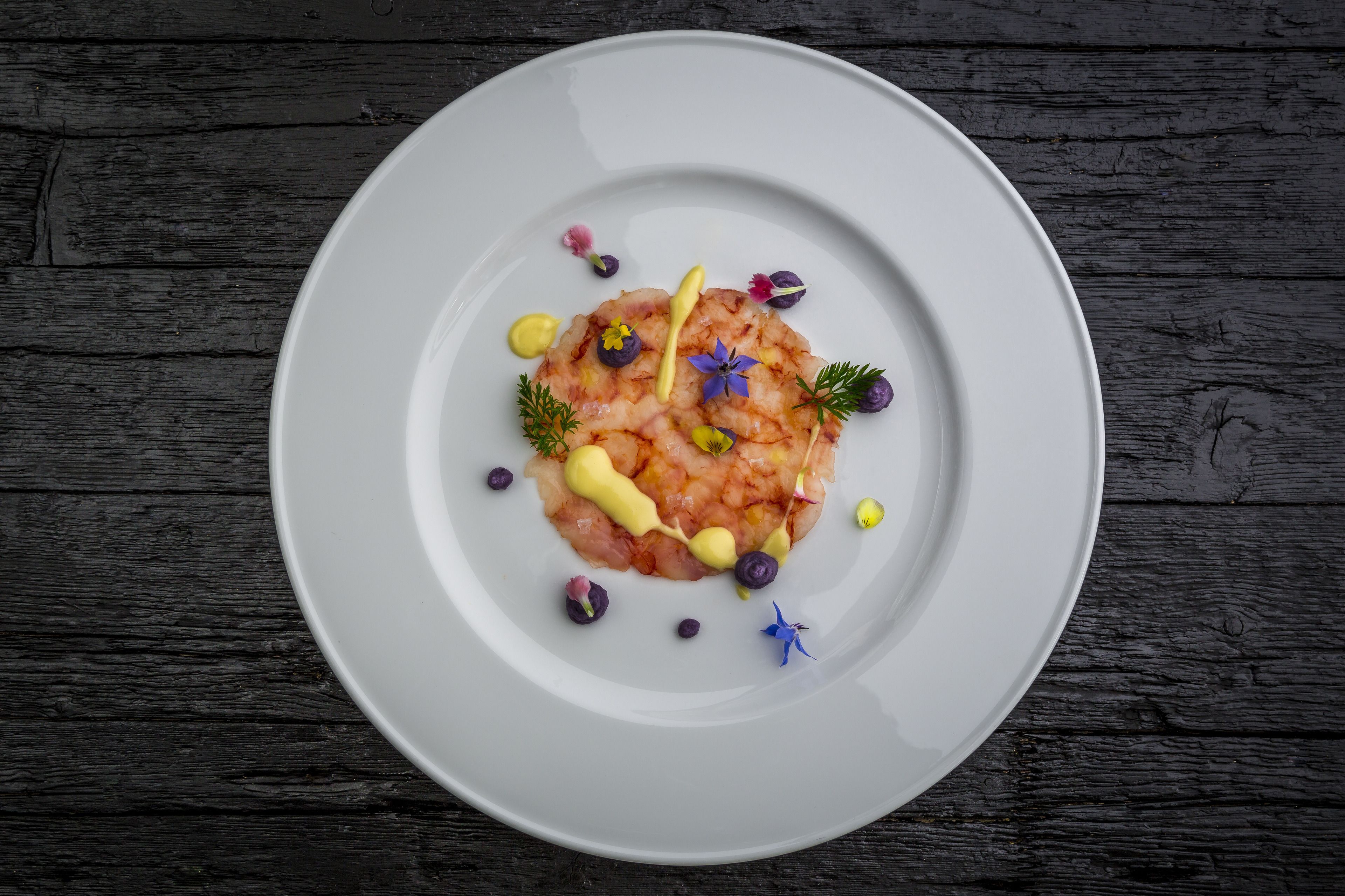 Une assiette blanche contenant un plat de fruits de mer, agrémenté d’herbes et de fleurs comestibles, posée sur une surface en bois sombre.