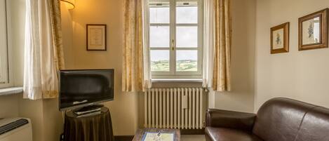 A living room with a brown leather sofa, a coffee table with books, a television on a stand, a radiator, and a window with curtains.