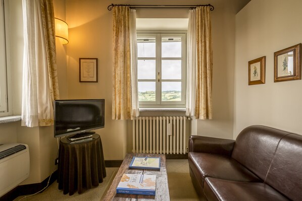 Un salon avec un canapé en cuir marron, une table basse avec des livres, un téléviseur posé sur un meuble, un radiateur et une fenêtre avec des rideaux.