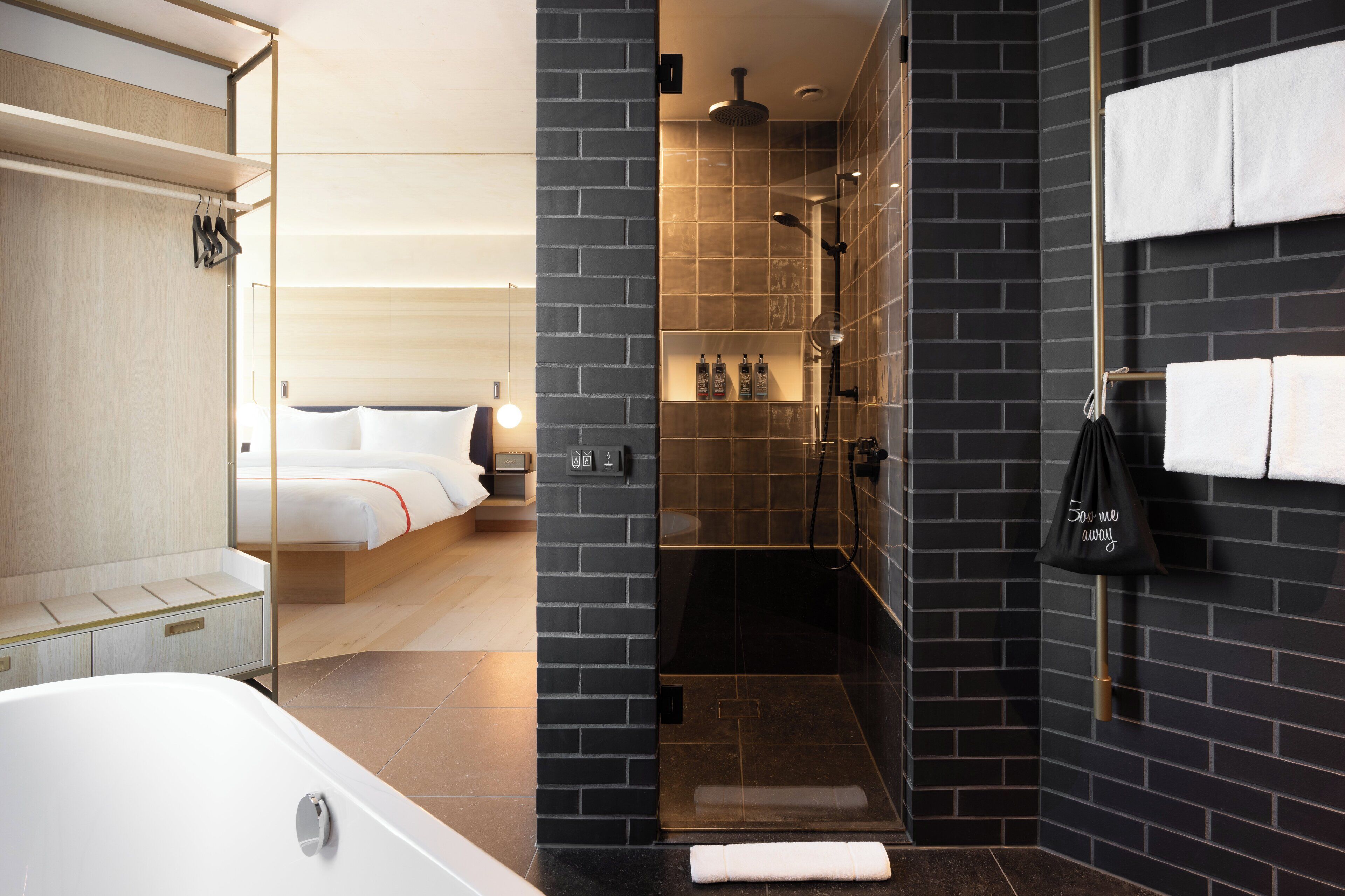 loft room | bathroom | designer toiletries, hair dryer, towels