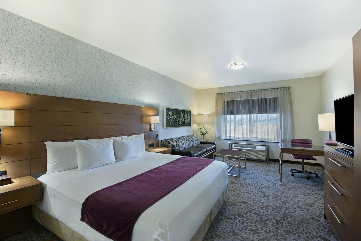 Ein Hotelzimmer mit einem großen Bett, einem Schreibtisch, einem Stuhl, einem Fernseher und einem Fenster mit Vorhängen.