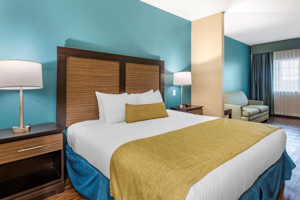 A hotel room with a large bed, two bedside tables with lamps, a chair, and a view of the outdoors through a window.