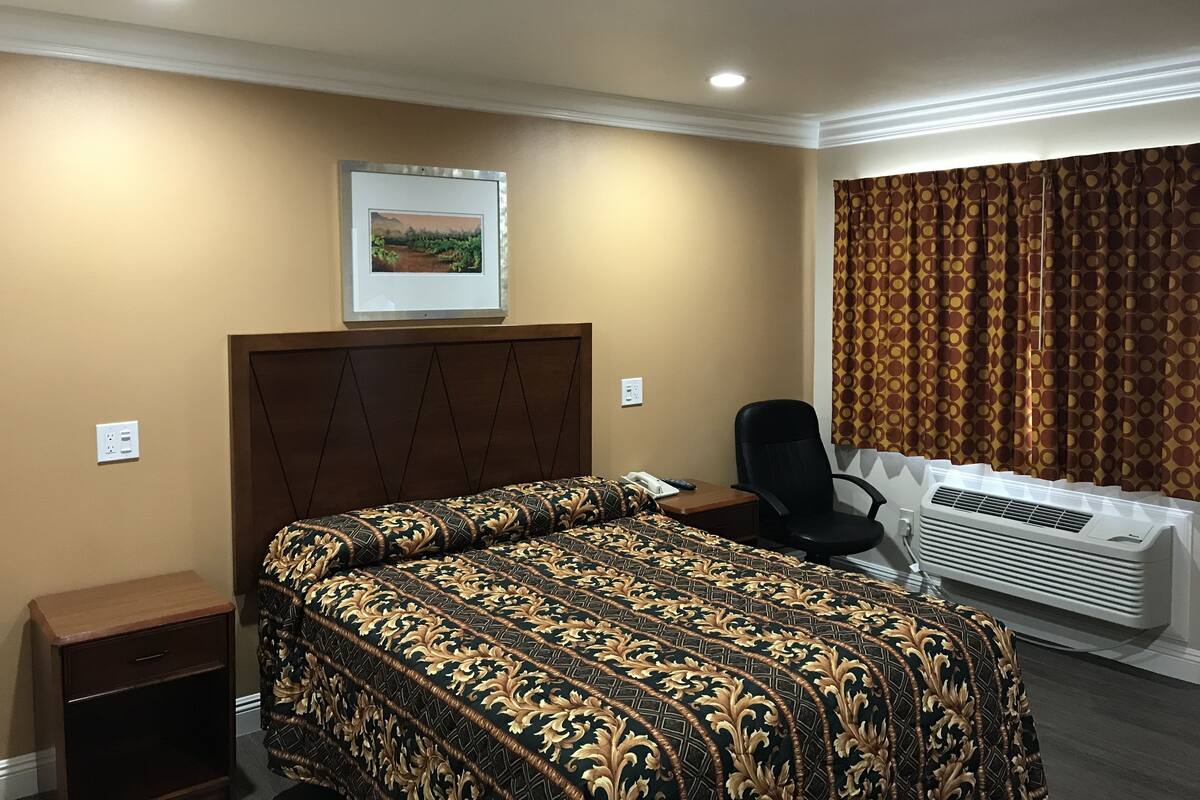 Une chambre d’hôtel avec un lit, un bureau, une chaise, un climatiseur et un tableau au mur.